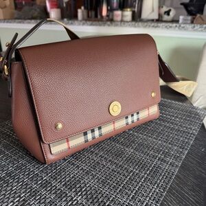 Burberry Grainy Calfskin Vintage Check Note Crossbody Bag in Malt Brown